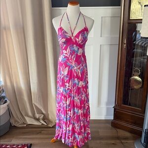 Vibrant Pink Floral Halter Maxi Dress